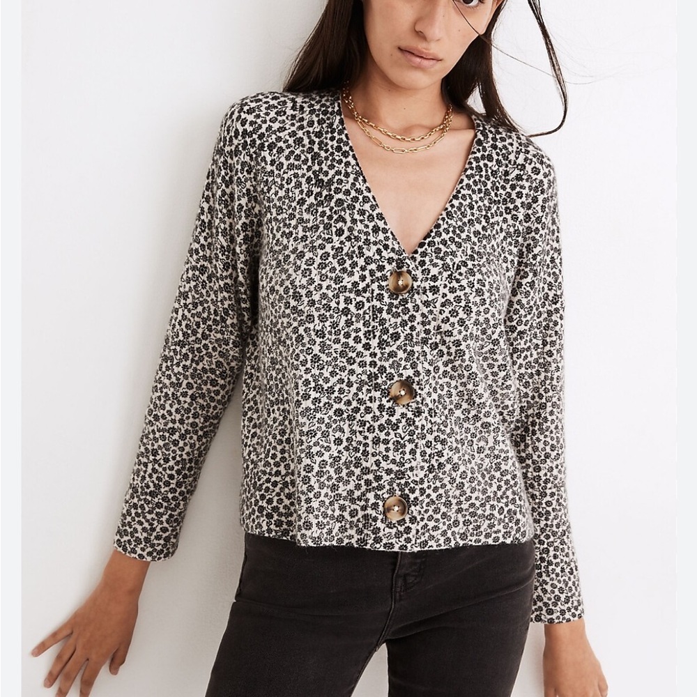 Madewell Ditsy Cameron Ribbed Sweater black cream floral cardigan